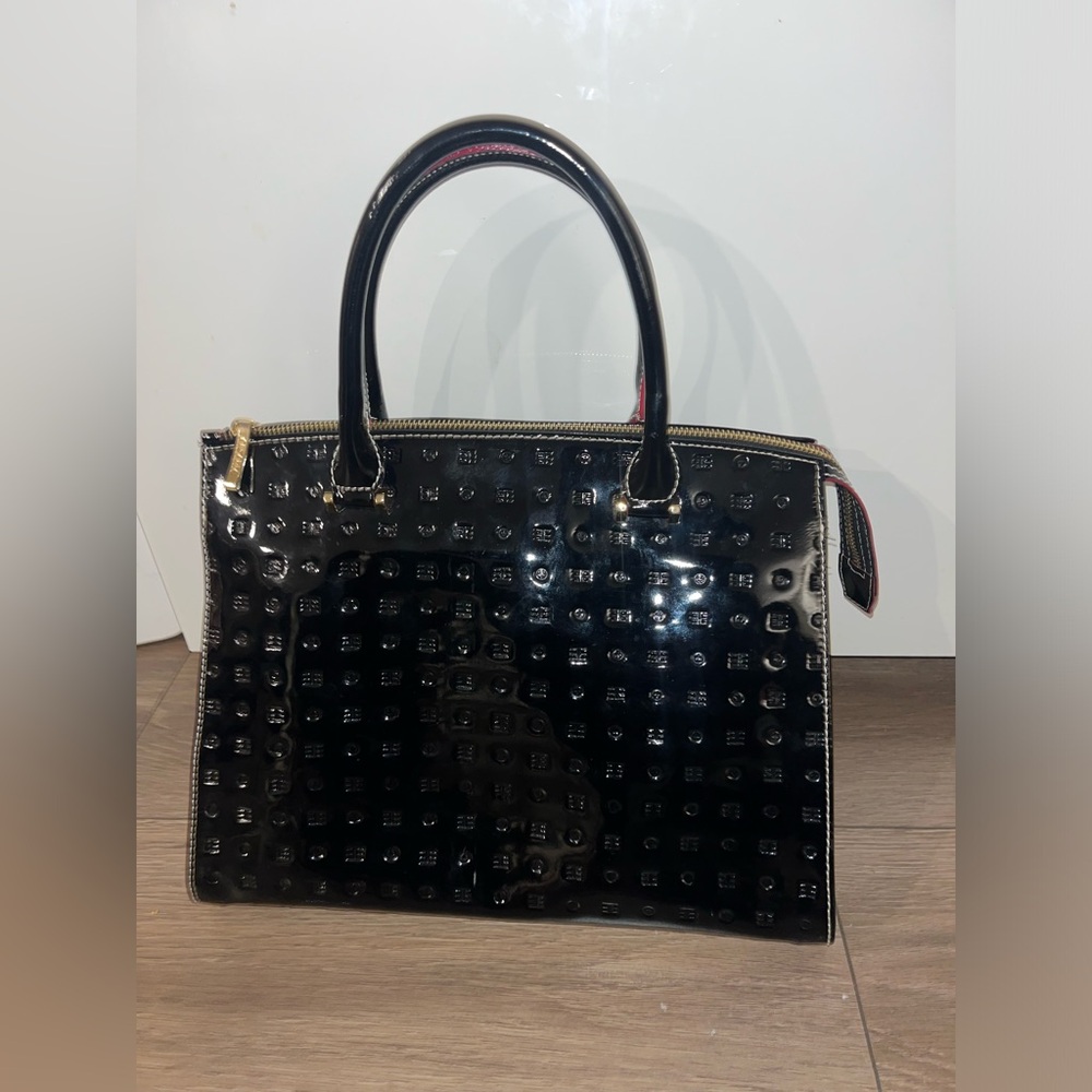 EUC ARCADIA ITALY~ GENUINE PATENT LEATHER BAG/PURSE-PYTHON TRIM EXPANDABLE.